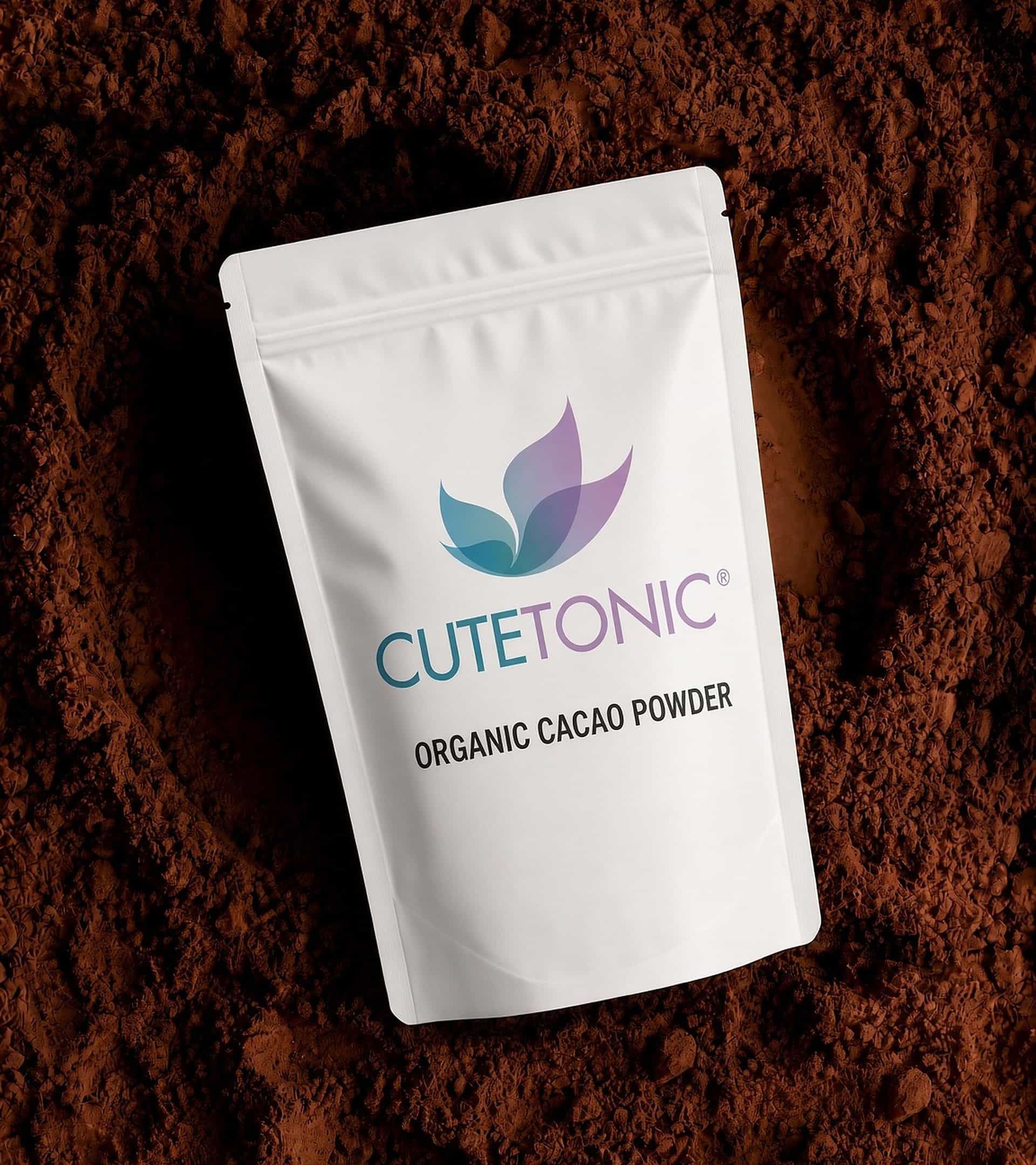 Cutetonic organic cacao powder pouch on a bed of cacao powder