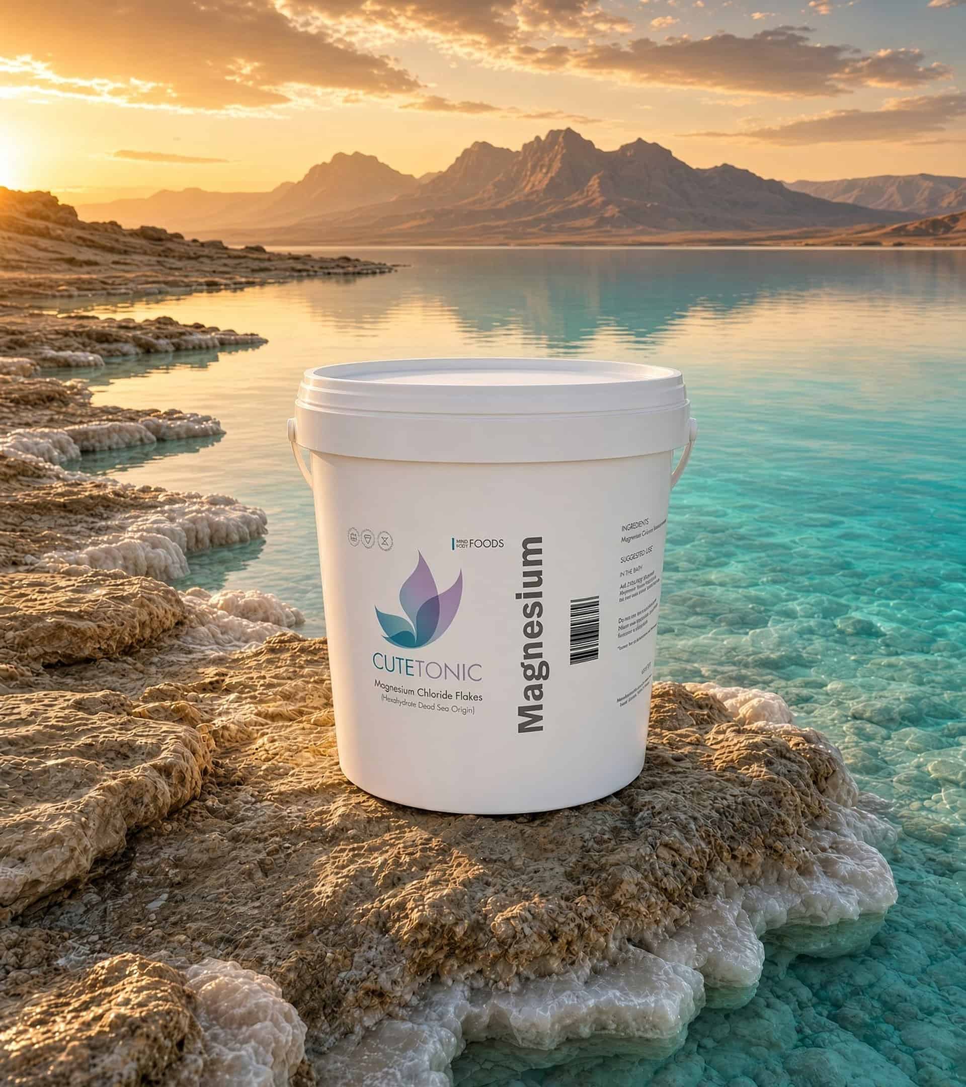 Cutetonic magnesium tub on Dead Sea salt crystals at sunset