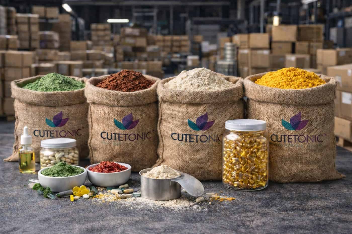 Bulk bags of single-ingredient supplement powders from Cutetonic